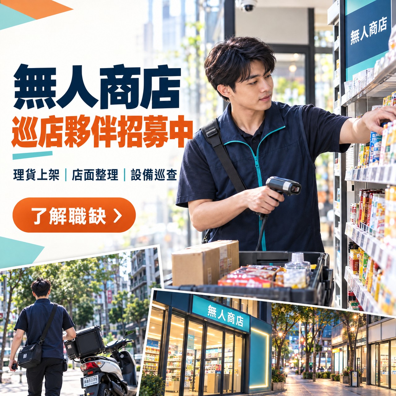 無人商店巡店夥伴招募圖：工作人員在門市貨架旁整理商品，搭配門市外觀照片